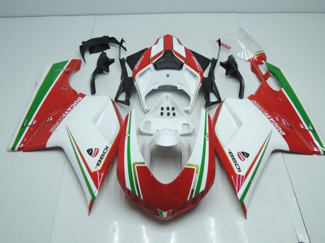 Ducati 848 1098 1198 2007-2014 - Weiß Und Rot mit Grün Streifen Ducati 848 1098 1198 2007-2014 - Weiß Und Rot mit Grün Streifen